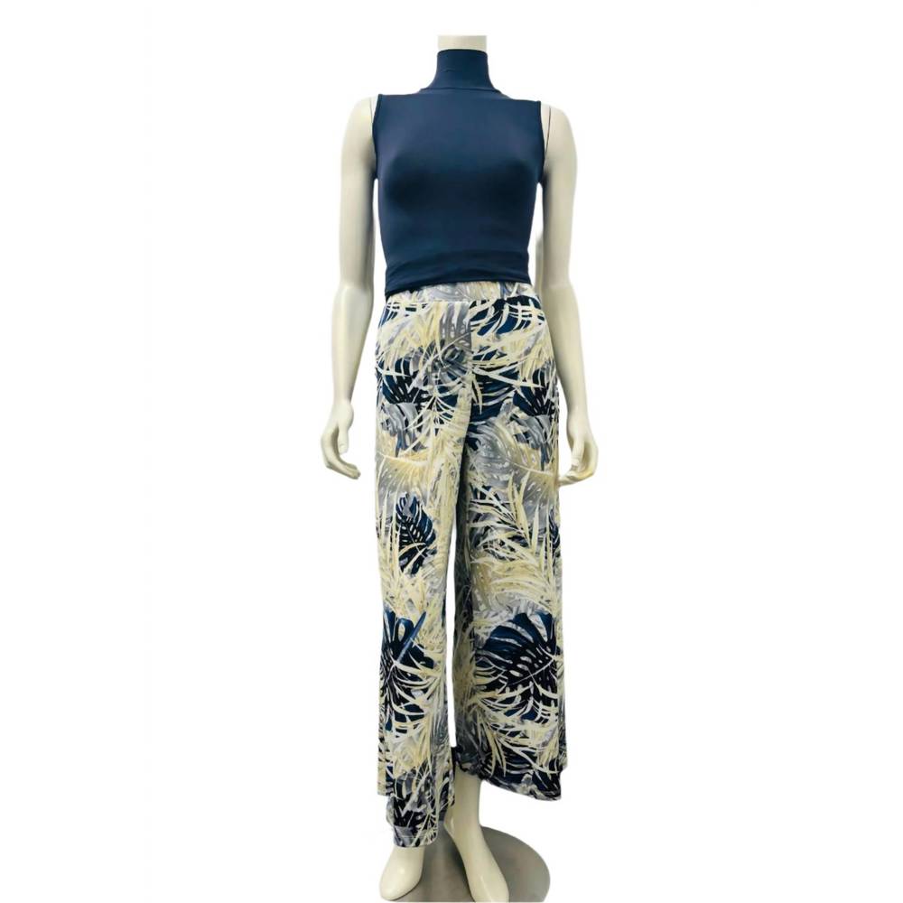 NEW SOFT WORKS women's wide leg pants in beige and navy monstera leaf print